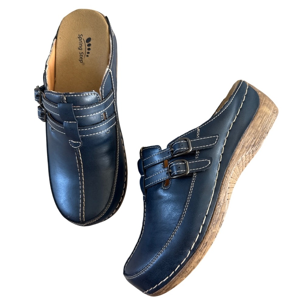 Spring Step Happy Leather Clogs Mules Slip Ons Navy Blue‎ EU 40 US 9 $100 NWOB